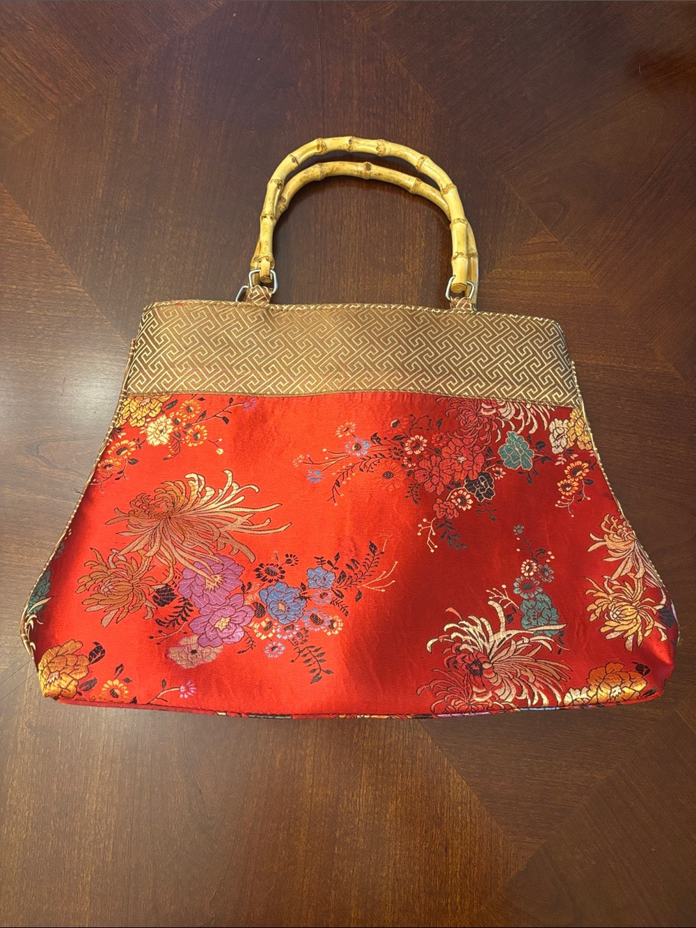 Red Floral Satin Tote Bag with Bamboo Handles